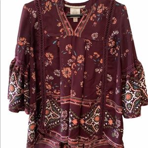 Knox Rose Red Burgundy Boho Floral Print Blouse